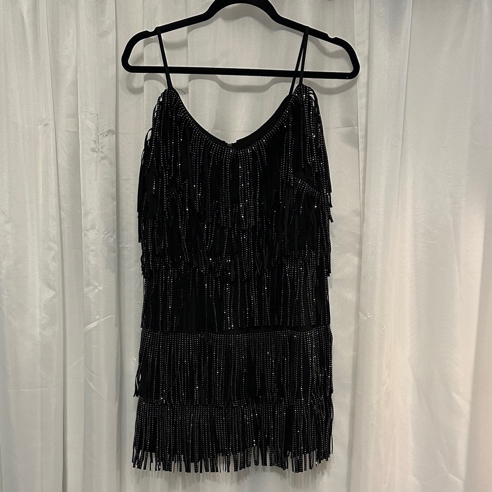 Nylon Apparel Black Fringe Rhinestone Mini Dress